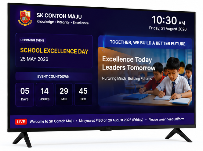 HERAXA School Digital Signage displayed on a 55-inch Smart TV